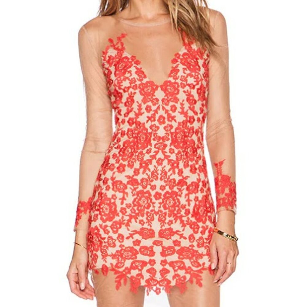 For Love and Lemons Luau Red Lace Sheer Dress S